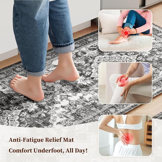 Boho Kitchen Mats for Floor 2 Piece Set Anti Fatigue Cushioned PVC Kitchen Rugs Non Slip Waterproof Farmhouse Mats 2/5 Inch Comfort Standing Mat for Sink, Laundry, 23.6"x39"+23.6"x59", Dark Grey