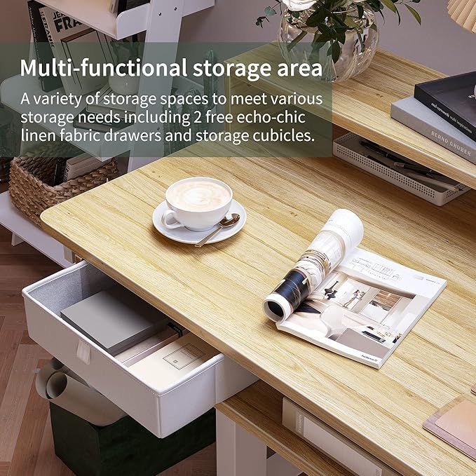 FEZIBO 63"x49" L Shaped Standing Desk with LED Strip & 2 Drawers, Upper and Lower Storage Shelves Available, Electric Height Adjustable, for Gaming, Office, Natural