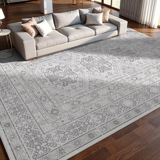 12x15 Area Rug for Living Room: Vintage Oriental Washable Rug for Bedroom Dining Room with Non Slip Rubber Backing Stain Resistant Low Pile Large Carpet Home Office (Grey, 12x15)