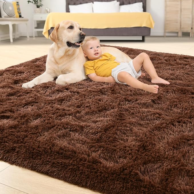 Tepook 8x10 Brown Area Rugs for Living Room Bedroom, Soft Fluffy Plush Shaggy Girls Boys Kids Room Rug, Shag Upgrade Non-Slip Throw Carpet for Dorms Nursery Classroom Home Decor