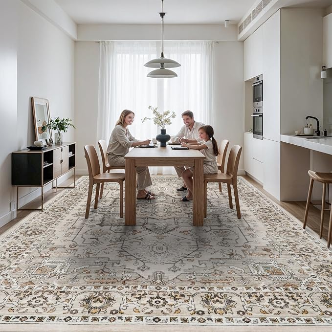 RUUGME Washable 12x15 Area Rug - Large Vintage Area Rugs with Non Slip Backing Stain Resistant Carpet for Bedroom Dining Room Indoor Soft Carpets Home Decor Decoration Mat 12x15 Ivory