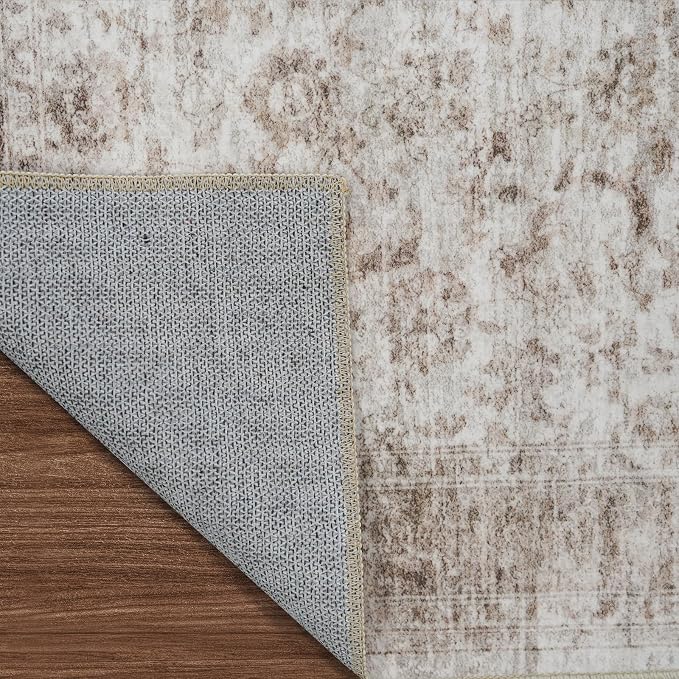 RUUGME Square Area Rugs 5x5 - Vintage Washable Rugs for Small Living Room Non Slip Rugs for Bedroom/Dining Room/Office/Nursery Stain Resistant&Easy Clean Home Decor Mat 5x5 Beige Brown