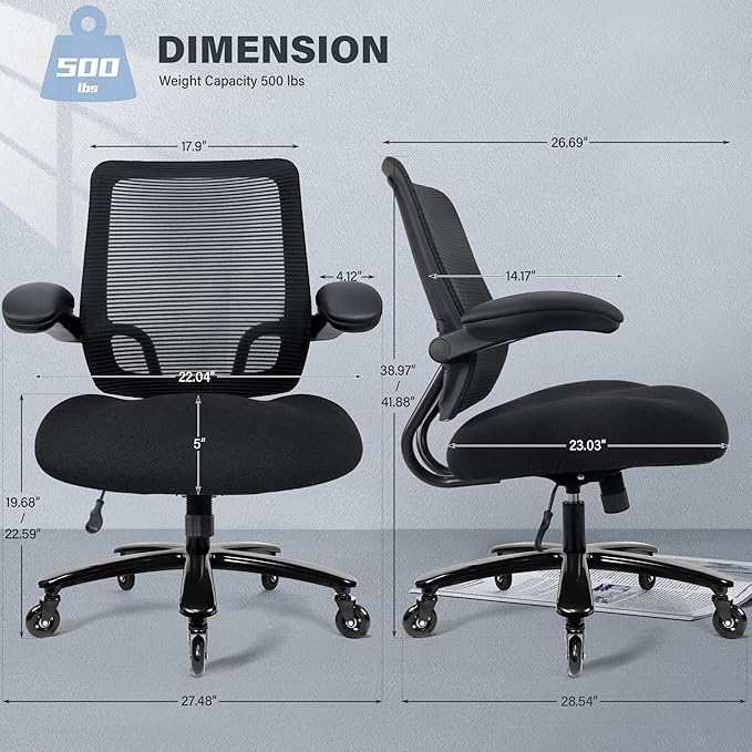 Kassipo 500LBS Big and Tall Office Chair with Flip-Up Armrests, Heavy Duty Office Chair for Heavy People, Memory Foam Seat Filling Springs, Black