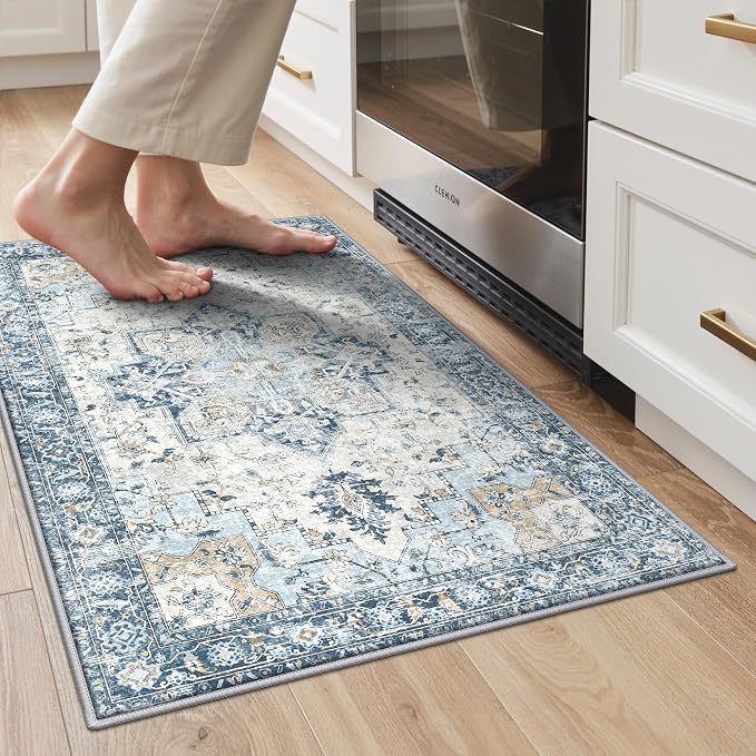 GENIMO Kitchen Rugs Non Slip Washable, 2’x3’ Entry Rugs Door Mat, Kitchen Mats for Floor, Kitchen Runner Rug for Kitchen Decor, Laundry, Home, Hallway, Porch, Blue
