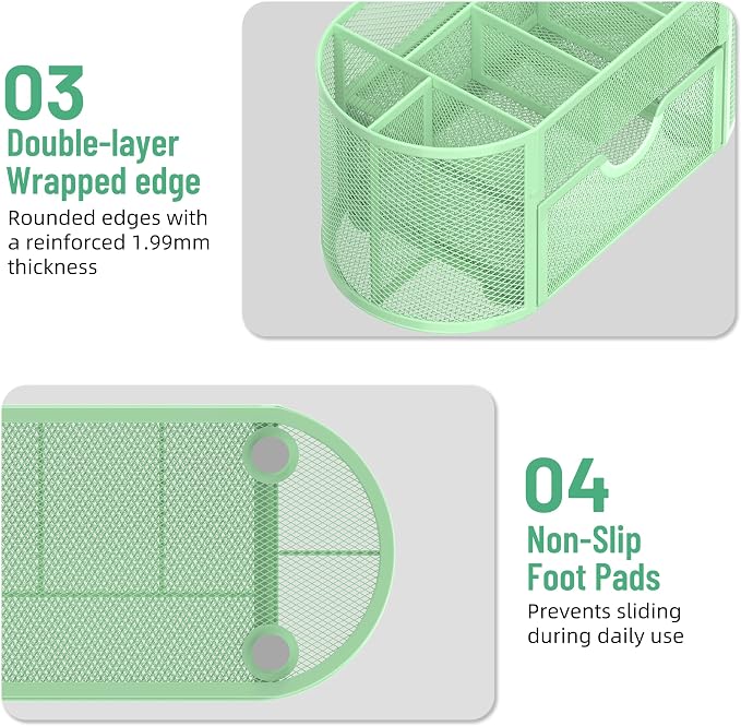 Mesh Desk Organizer with Drawer, 9-Compartment Pen Holder for Desk, Green | Pull-Out Drawer Stores Pens, Pencils, Clips, Notes, and Small Office or School Supplies in One Compact Desk Caddy