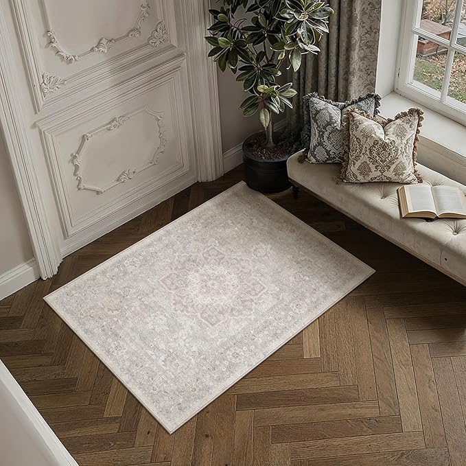PureCozy Gray 2x3 Entryway Area Rug Washable Vintage Door Mat Non Slip Low Pile Carpet Indoor Soft Retro Mat Oriental Medallion Grey Accent Throw Rug for Bathroom Office Bedroom Living Room