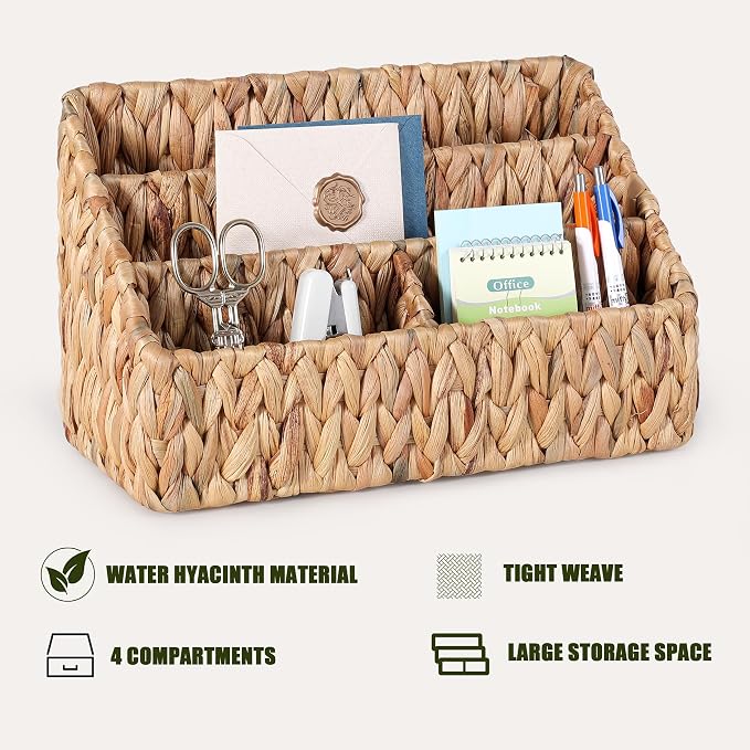 DINGTAI Natural Farmhouse Desk Organizers and Storage, Large Countertop Mail Holder, Tabletop Organizer (Water Hyacinth)