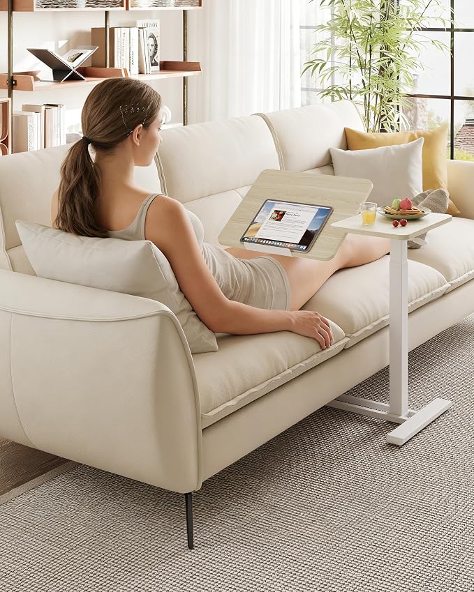 SANODESK 32''Overbed Table Gas Spring Lifting with Wheels&Tilting Desktop | Rolling Mobile Laptop Desk End Table,Portable Computer Workstation for Home Office,Sofa,Bedside,31.5" W x 17.7" D,Wood Grain