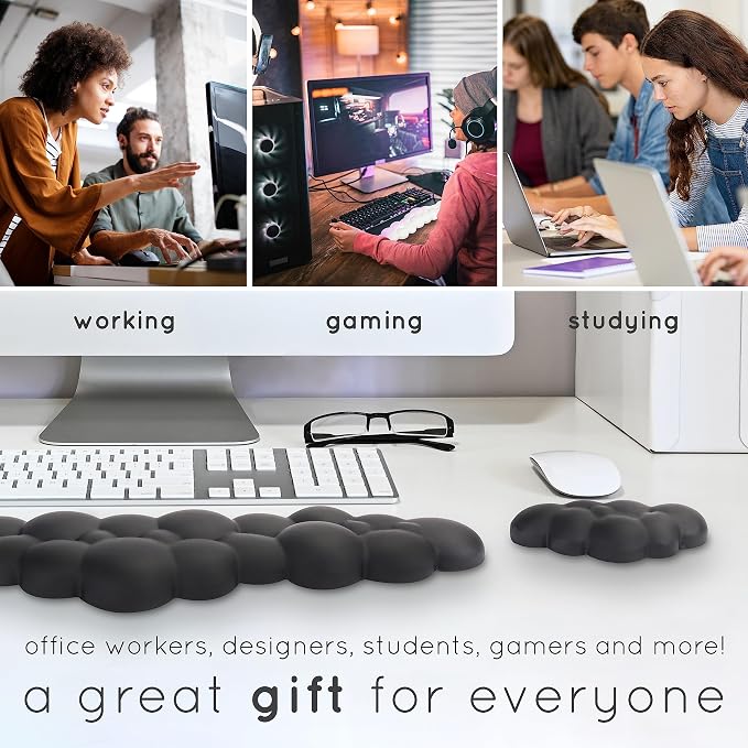 Cloud Keyboard Wrist Rest – Create-ables Qloud Cloud Wrist Rest for Computer Keyboard and Mouse, Ergonomic Memory Foam Wrist Pad with Non-Slip Base, Includes Cloud Mouse Pad – Gray
