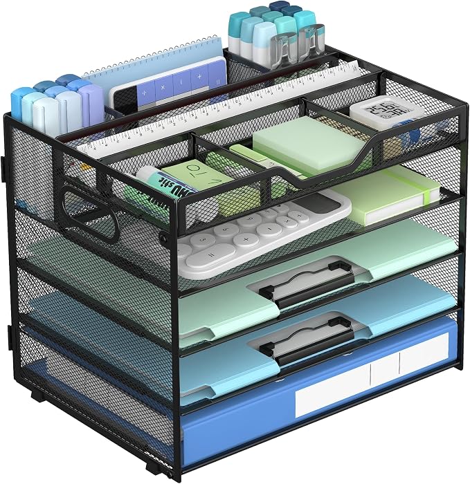 Docnest 5 Tier Mesh Desk Organizer with Adjustable Compartments - Stackable Letter Tray with Built-in Pen Holder & Handles - Desktop File Storage for Office, Home, School Supplies - Black