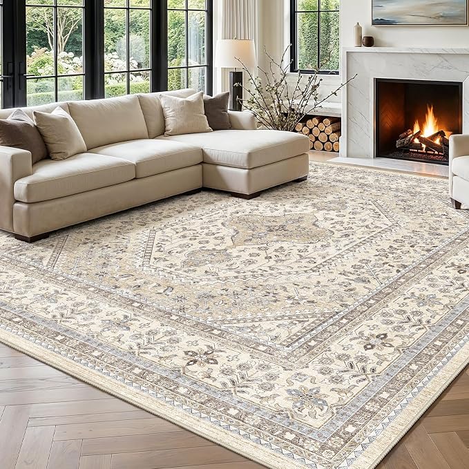 Puino 11x11 Square Area Rug - Washable Oriental Large Rugs for Living Room Soft Non-Slip Backing Indoor Carpet for Bedroom Low Pile Stain Resistant Floor Mat for Dinning Room Home Decor Beige/Gray