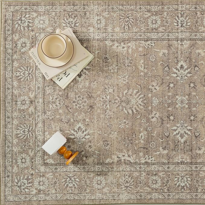 PureCozy 6x9 Area Rug Brown Washable Vintage Carpet Living Room Bedroom Large Non Slip Stain Soft Resistant Low Pile Thin Boho Accent Indoor Throw Rug for Dining Room Office