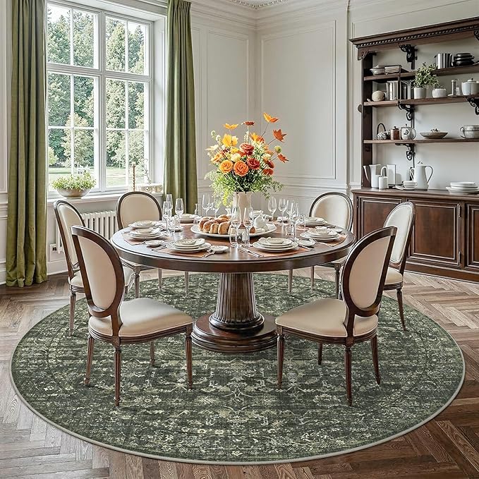 8ft Green Round Washable Area Rug for Living Room Vintage Boho Non Slip Circle 8x8 Large Rug Distressed Floral Carpet Indoor Retro Soft Low Pile Farmhouse Throw Rug for Bedroom Nursery Office