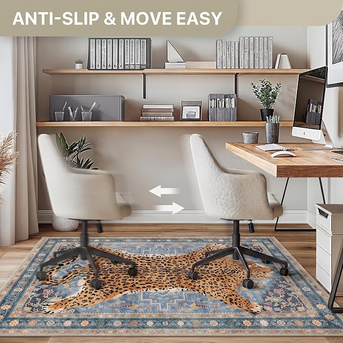 48"x72" Office Chair Mat for Hardwood Tile Floor, Under Desk Carpet Protector for Rolling Computer Chair Mat, Machine Washable Area Rug, Anti-Slip 1/5" Thick Low Pile Thin Floor Mat, Leopard Blue