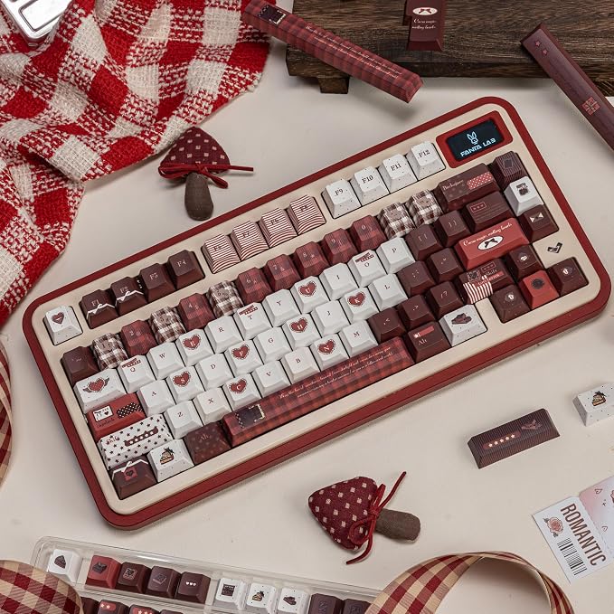145 Keys Velvet Chocolate Keycaps, Dye-Sublimation PBT Custom Keycap Set for Cherry Profile, Cute Dark Red White Keycap for MX Switches Mechanical Gaming Keyboard