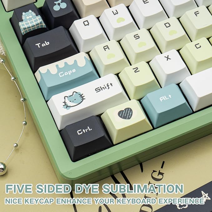 Gradient Green PBT Keycaps, Cute Cat Keycaps Set, 145 Keys Cherry Profile Dye-Sub Custom Keycap, Kawaii Anime Custom Key Caps for 60%, 65%, 75%, 100% Cherry MX Mechanical Keyboard