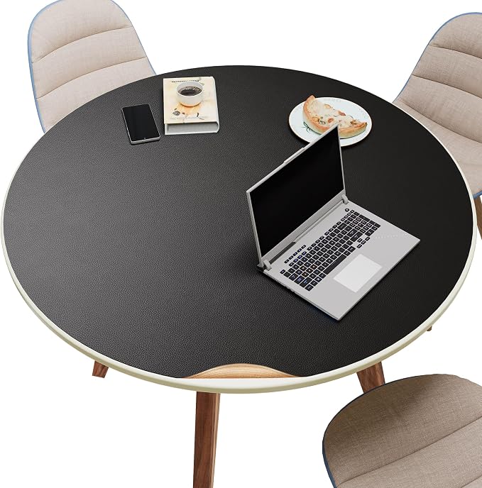 MAIDERN 36 Inch Round Cork & Leather Table Pad Protector, Cuttable Size (30-36 Inch), Trimmable Dining Table Mat, Heat Resistant/Non-Slip Table Cover for Kitchen, Office, or Restauran (Black)