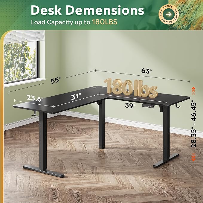 DEVAISE 63 Inch Standing Desk, L Shaped, Ergonomic Computer Desk, Black | LED Touchscreen, Headphone Hook, 3 Memory Preset, Home Office