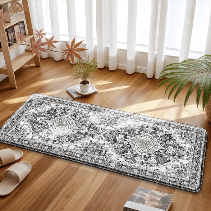 Boho Kitchen Mats for Floor 2 Piece Set Anti Fatigue Cushioned PVC Kitchen Rugs Non Slip Waterproof Farmhouse Mats 2/5 Inch Comfort Standing Mat for Sink, Laundry, 17.3"x59"+17.3"x28", Dark Grey
