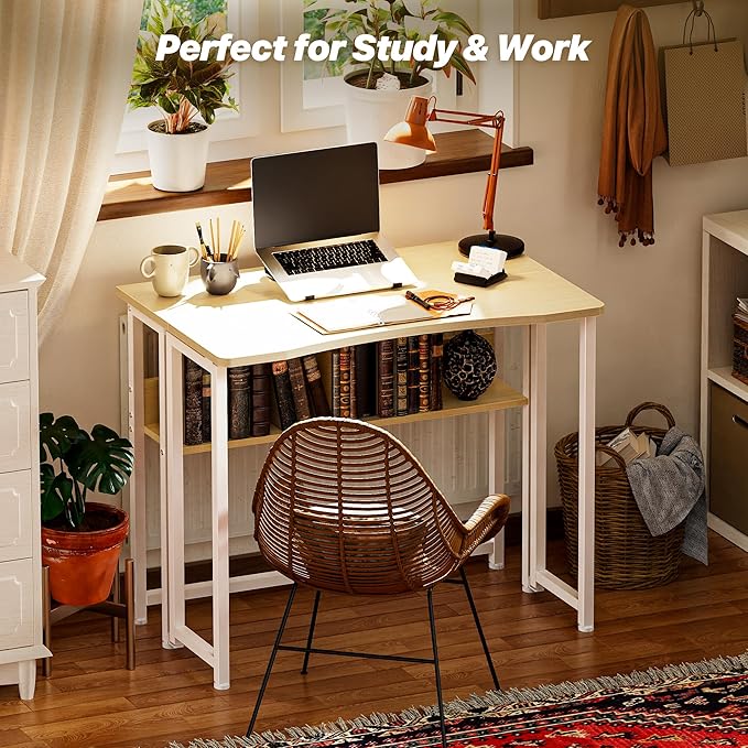 Huuger Folding Desk with Storage Shelf, 31.5 Inch Foldable Computer Table for Small Spaces, Space Saving Sofa Table for Couch, Writing Work Office Computer Desk, Easy to Fold, Oak