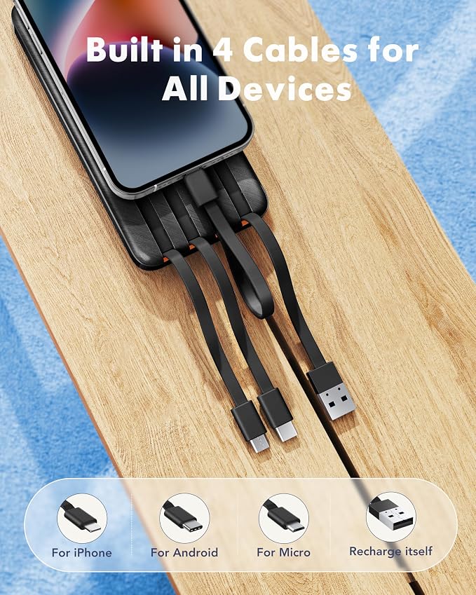 charmast 20000mAh Portable Charger with Built in Cables, 22.5W Travel Power Bank Fast Charging, USB C Cell Phone Battery Pack for iPhone 17/16/15/14/13/12 Series, iPad, Samsung, Android, Tablet