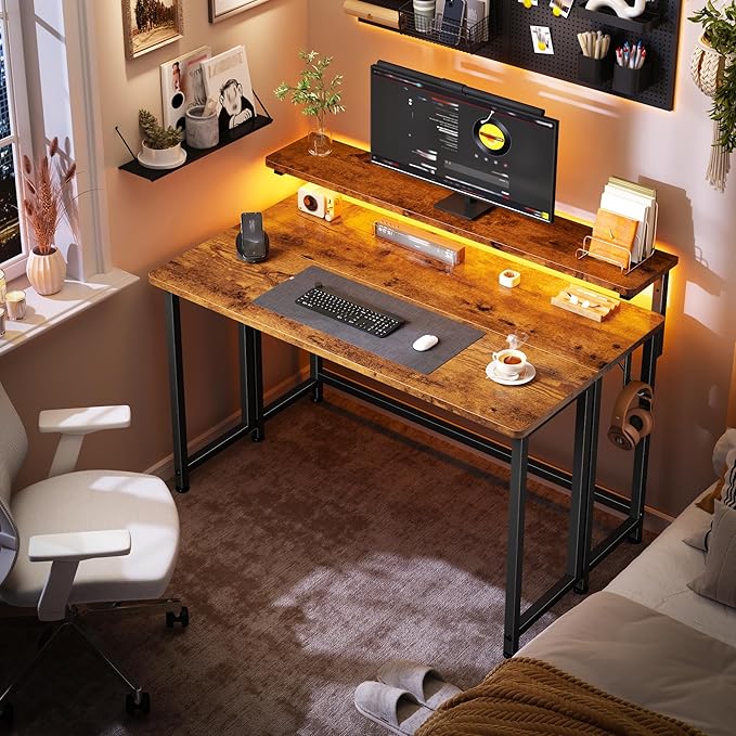 Folding Desk,Foldable Computer Desk with Monitor Stand,39.4 Inch Gaming Desk with LED Lights & Hooks,Space Saving Sofa Table for Couch,Home Office Desk for Bedroom Living Room,Rustic Brown