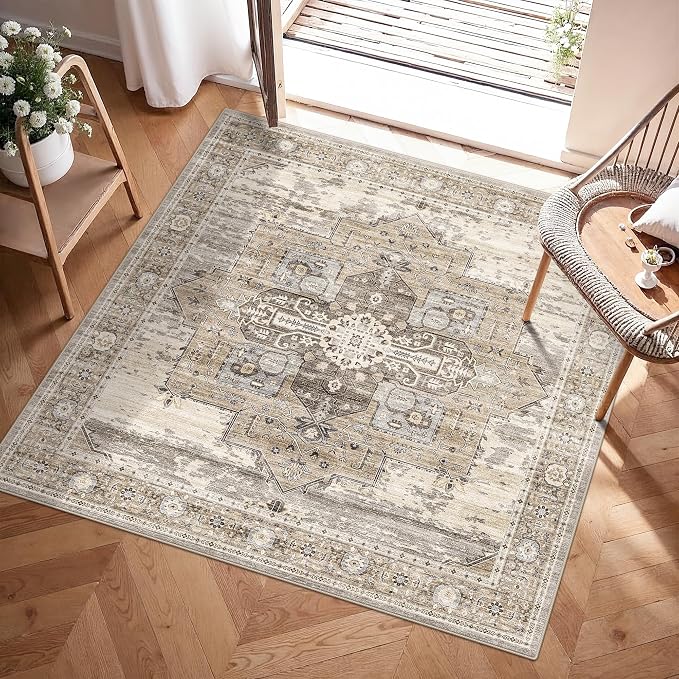 RUUGME Soft 3x3 Rug Living Room - Throw Rugs for Bedroom Vintage Tribal Rugs for Married Woman in Bedroom Kitchen with Non Slip Backing Home Decor 3x3 Beige