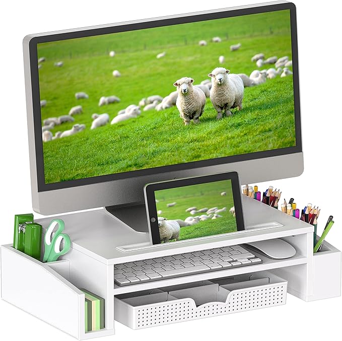 Simple Houseware Desk Monitor Stand Riser w/ Adjustable Tray, White | Built-In Tablet Slot and Side Storage