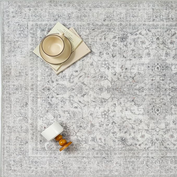 PureCozy Gray Area Rug 8x10 for Living Room Washable Vintage Carpet Low Pile Non Slip Distressed Soft Traditional Retro Oriental Large Grey Accent Throw Rug Office Bedroom Dining Room Playroom