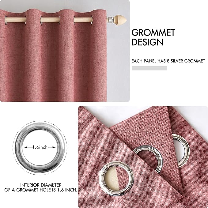 MIULEE 100% Blackout Linen Textured Curtains for Bedroom Solid Thermal Insulated Dusty Rose Grommet Room Darkening Curtains & Drapes Luxury Decor for Living Room 52 x 54 Inch (2 Panels)