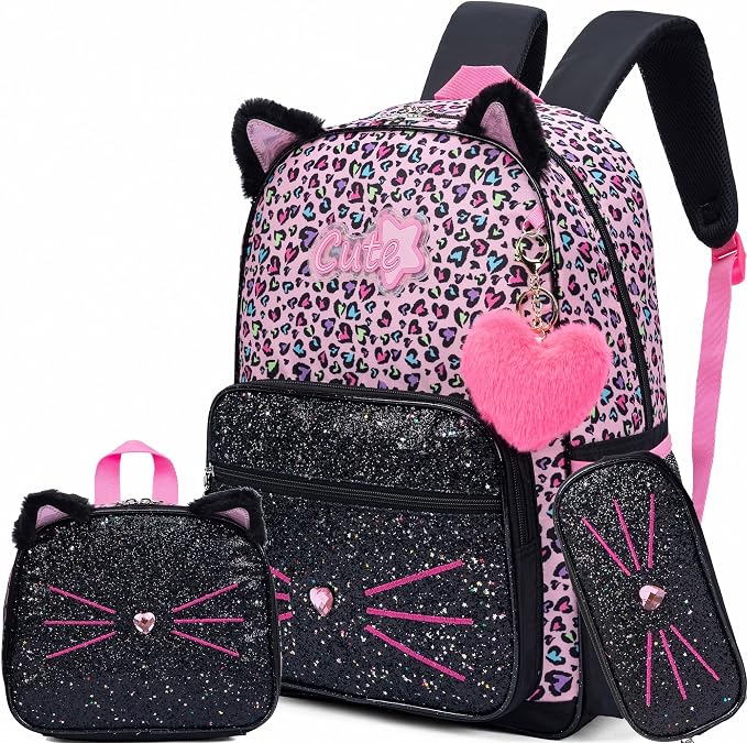 Meetbelify Black Cute Cat School Backpack for Girls Backpack with Lunch Box for Elementary Students Kids Travel Bookbag for Girls Ages 6-8