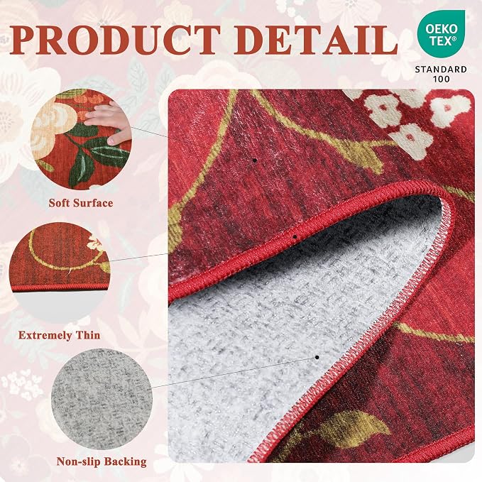 DUKINO 3x5 Area Rug, Floral Rugs for Living Room, Lightweight Non Slip Washable Rug, Indoor Low Pile & Non-Shedding Boho Design Rugs for Bedroom, Living Room, Dining Room, Red