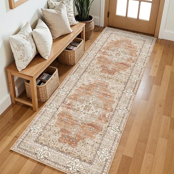 2x6 Runner Rug for Hallway Washable: Non Slip Kitchen Rugs with Rubber Backing Soft Waterproof Mats Stain Resistant Indoor Vintage Carpet Runner for Bedroom Bathroom Laundry Entryway Brick/Terracotta