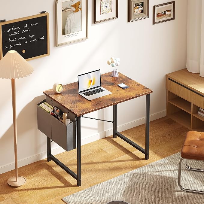OLIXIS Small Computer Desk, 31 Inch Home Office Desks, Writing Study Craft Work Gaming Table, Computer Workstation for Bedroom Small Spaces with Storage Bag, Rustic Brown