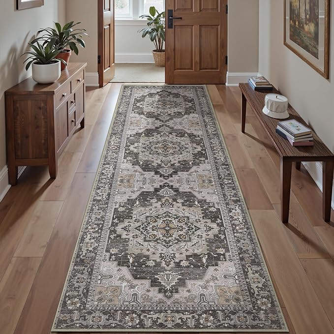 Tangsoo 2.6x8 Washable Runner Rug for Hallways, Non Slip Vintage Runner Rug, Farmhouse Soft Low Pile Long Rug Runner, Print Carpet Runners for Kitchen Bedroom Entryway Bathroom Living Room Taupe/Grey