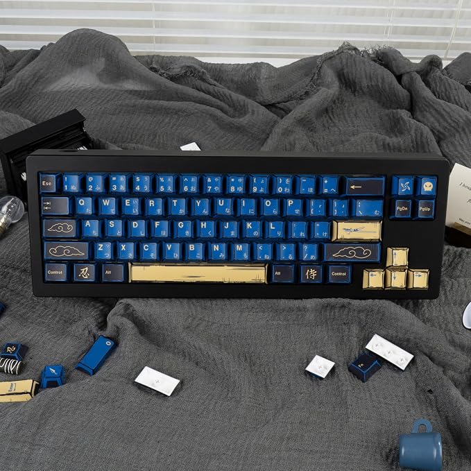 Blue Samurai Manga Japanese Themed Keycaps 130 Keys, Cherry Profile PBT Custom Key Caps Set, Dye Sublimation Keyboard Keycaps for Cherry Gateron MX Switches Mechanical Keyboard