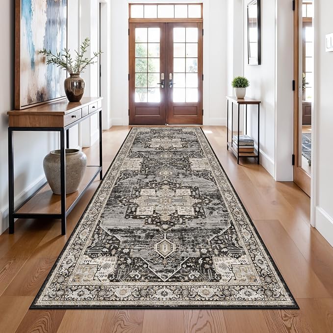 RUUGME Oriental Hallway 4x10 Rug - Washable Runner Rug Soft Stain Resistant Carpet for Kitchen entryway Vintage Lightweight Ultra-Thin Rugs with Non Slip Backing for RV Owners&Van Lifers 4X10 Black