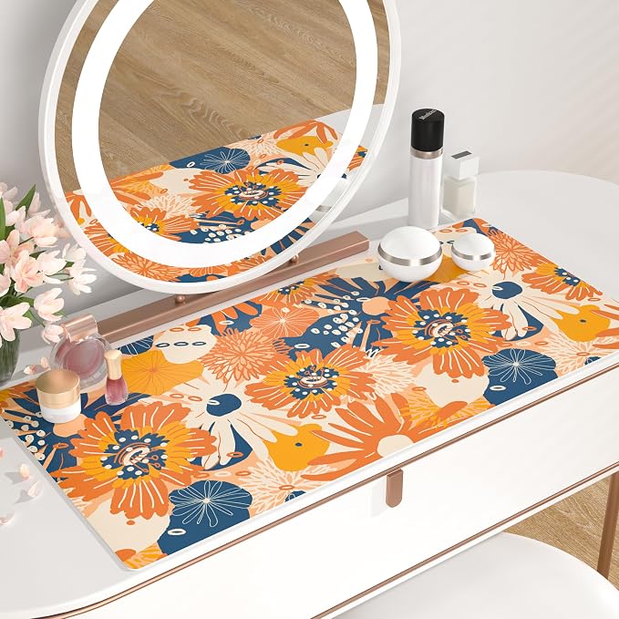 QiyI Large Desk Pad, Floral Mouse Pad Desktop Decor, Waterproof PU Leather Desk Cover Protector, Desk Accessories for Office Home Work Writing Gaming 31.5" x 15.7" - Orange Blue Flowers