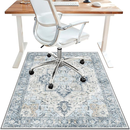 36"x48" Office Chair Mat for Hardwood Tile Floor, Under Desk Carpet Protector for Rolling Computer Chair Mat, Machine Washable Area Rug, Anti-Slip 1/5" Thick Low Pile Thin Vinyl Floor Mat, Blue