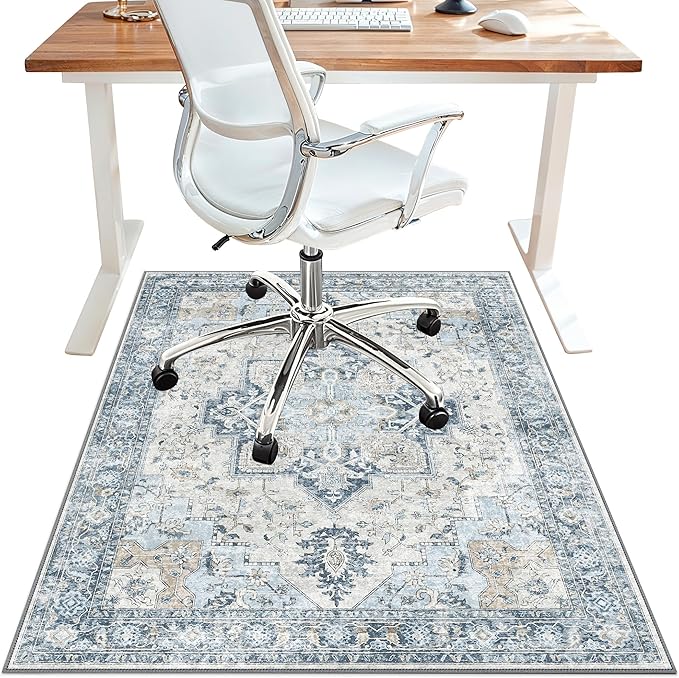 48"x60" Office Chair Mat for Hardwood Tile Floor, Under Desk Carpet Protector for Rolling Computer Chair Mat, Machine Washable Area Rug, Anti-Slip 1/5" Thick Low Pile Thin Vinyl Floor Mat, Blue