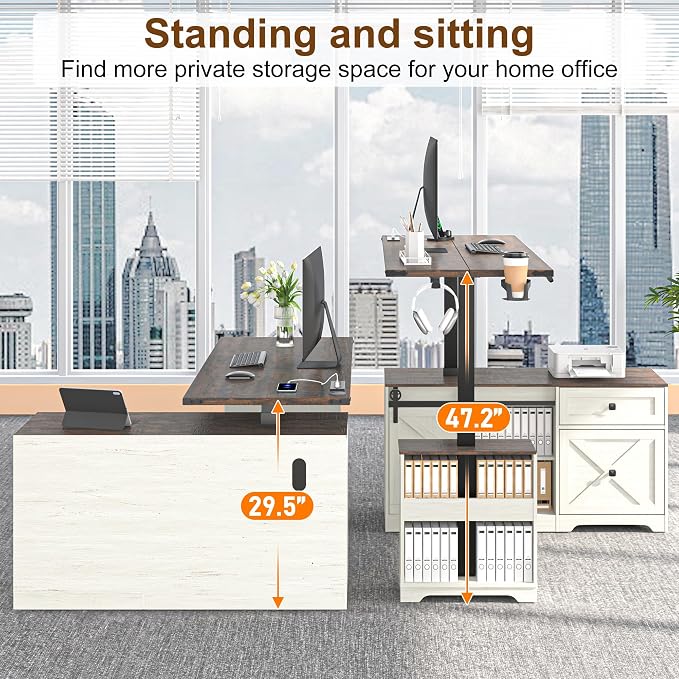 St.Mandyu L Shaped Electric Standing Desk 55" White with Power & Storage | File drawer, sliding door cabinet, cup holder, height adjustable, sturdy wood frame, home office for work/study/writing