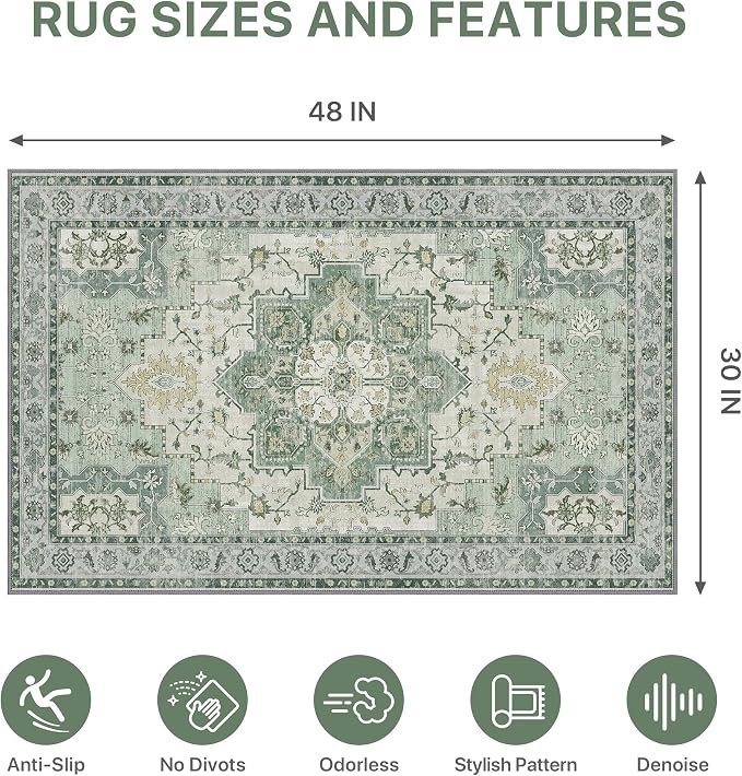 30"x48" Office Chair Mat for Hardwood Tile Floor, Under Desk Carpet Protector for Rolling Computer Chair Mat, Machine Washable Area Rug, Anti-Slip 1/5" Thick Low Pile Thin Vinyl Floor Mat, Green