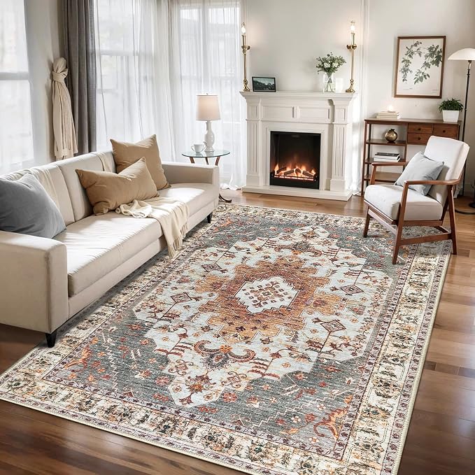 Tangsoo 5x7 Area Rug Washable Rugs for Living Room, Vintage Indoor Non Slip Large Area Rugs, Print Distressed Turmeric Carpet, Soft Low Pile Rug Foldable Floor for Bedroom Dining Room Dorm