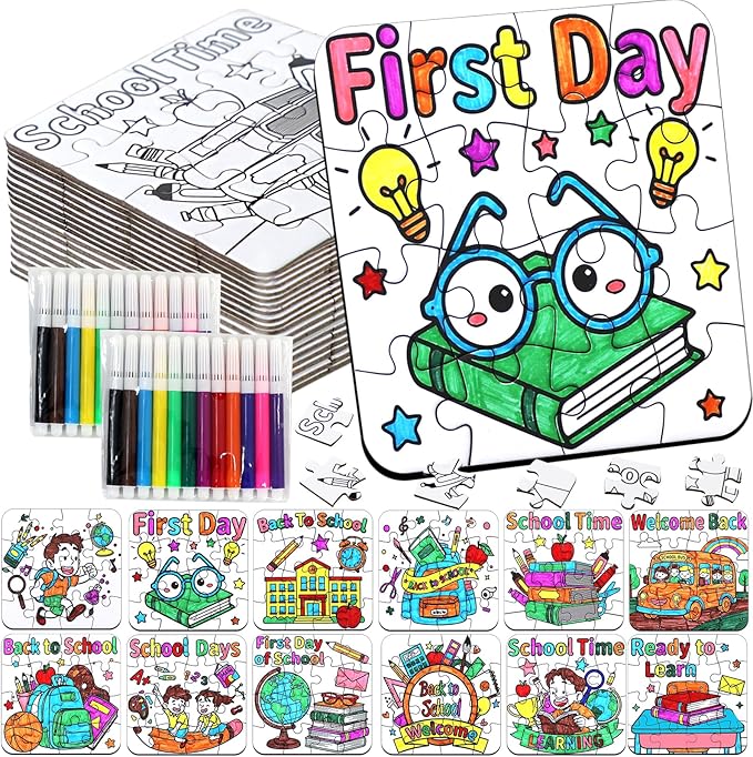 24 Sets Back to School Crafts for Kids Ages 4-8, DIY First Day of School Arts Kits Puzzle Book Glasses Apple Pencil, Christian Gifts for Classroom Activities, Party Favors, Coloring Game Bulk Supplies