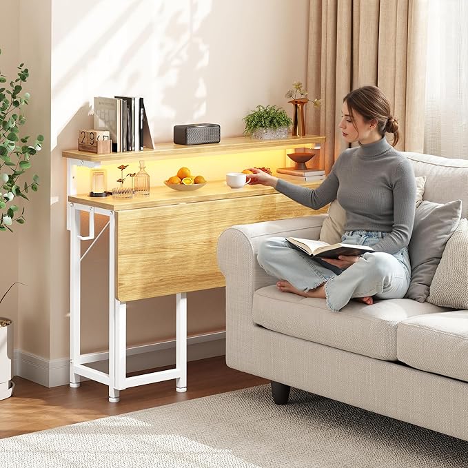 Folding Desk,Foldable Computer Desk with Monitor Stand,39.4 Inch Gaming Desk with LED Lights & Hooks,Space Saving Sofa Table for Couch,Home Office Desk for Bedroom Living Room,Oak