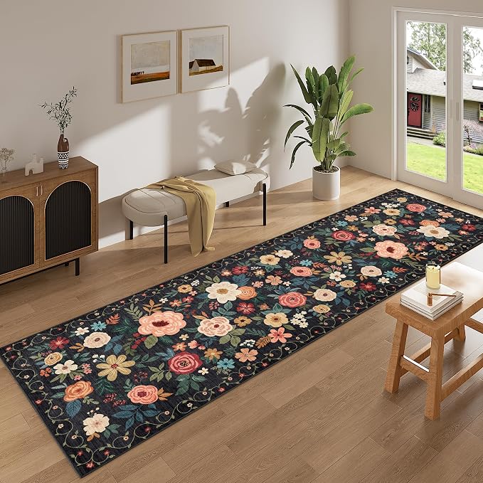 DUKINO 3x10 Runner Rug for Hallway, Washable Kitchen Floral Runner Rug with Non Slip Backing, Low Pile Soft Boho Carpet for Kitchen, Hallway, Entryway, Laundry, Bedroom, Black