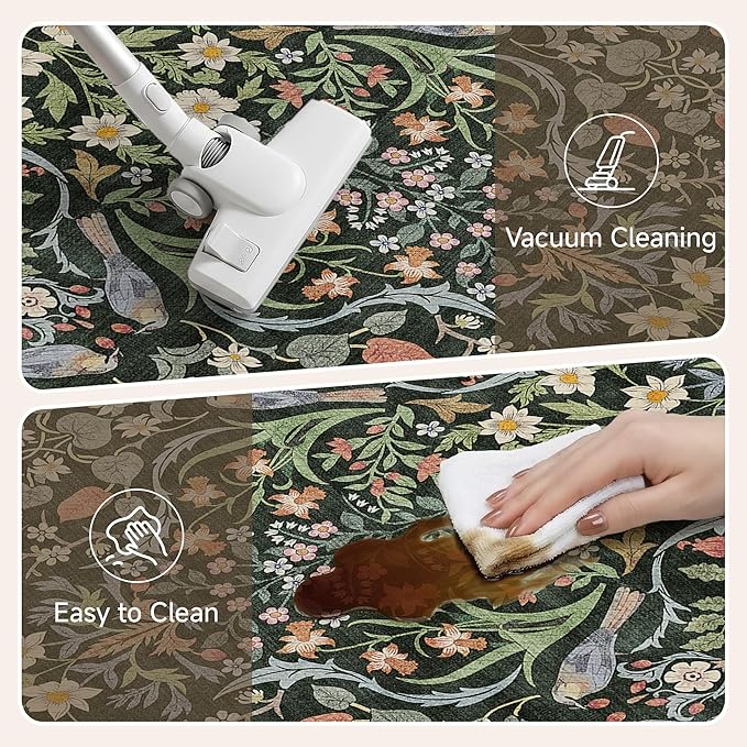 PureCozy Kitchen Mats for Floor 2PCS Anti Fatigue Cushioned Mat Non Slip Comfort Kitchen Rugs Vintage Floral Waterproof Standing Dark Green Mat for Sink Laundry Office Desk 17.3"x59"+17.3"x30"