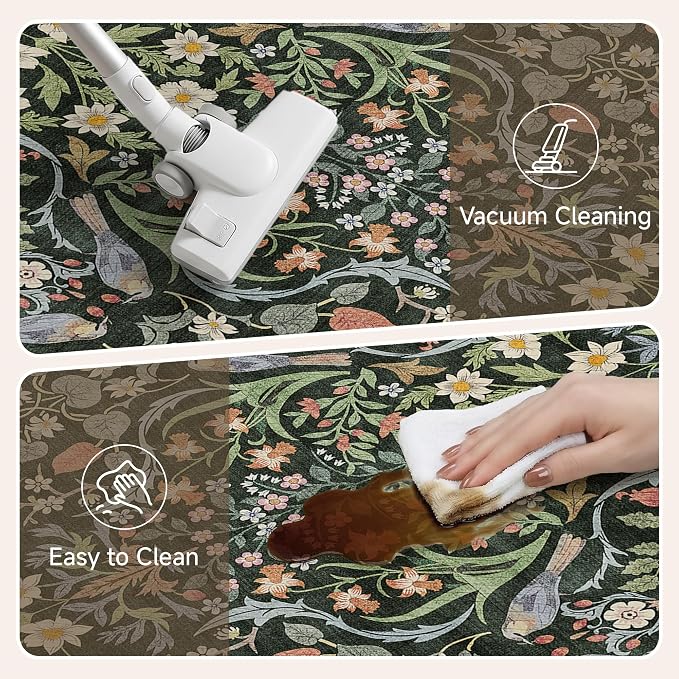 PureCozy Kitchen Mats for Floor 2PCS Anti Fatigue Cushioned Mat Non Slip Comfort Kitchen Rugs Vintage Floral Waterproof Standing Dark Green Mat for Sink Laundry Office Desk 17.3"x47"+17.3"x30"