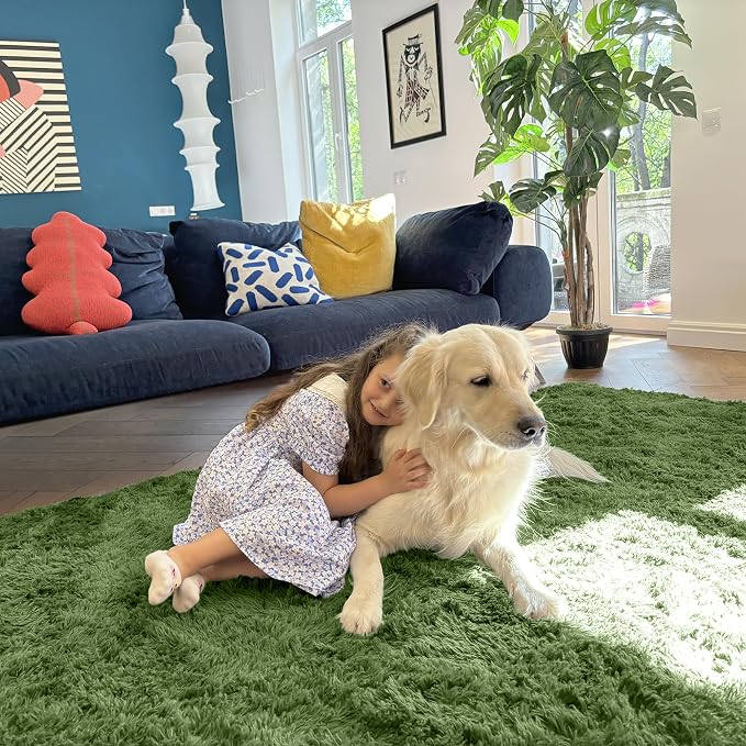 OLANLY 2x5 Machine Washable Runner Rugs for Hallway, Soft Fluffy Shaggy Bedside Rugs for Bedroom, Living Room, Indoor Floor Carpet for Kids Girls and Boys, Home Decor Aesthetic, Green
