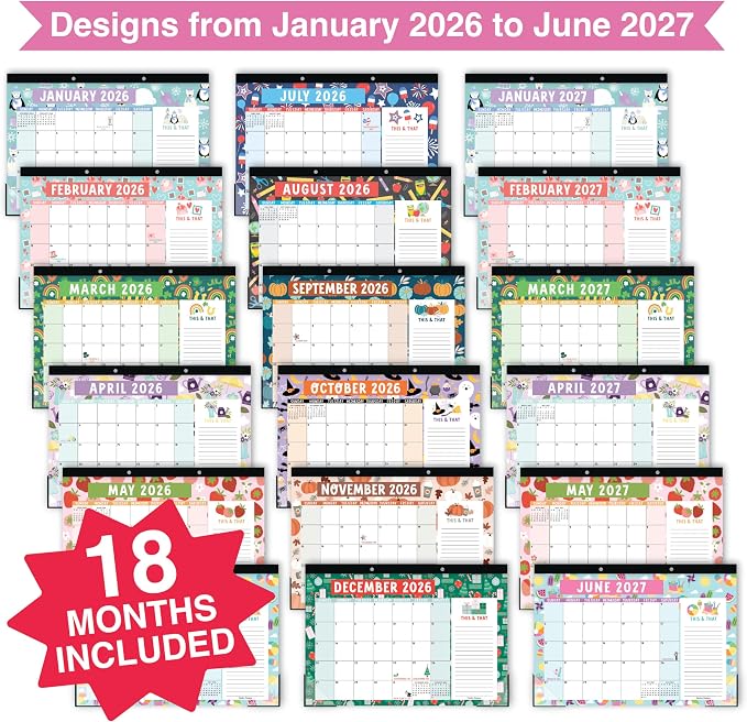 Hadley Designs Large Teacher Desk Calendar 2026-2027 - Desktop Calendar 2026, 18-Month Desk Calendars for Home, Office & Classroom, Cute Classroom Must Haves, Back to School Teacher Gifts